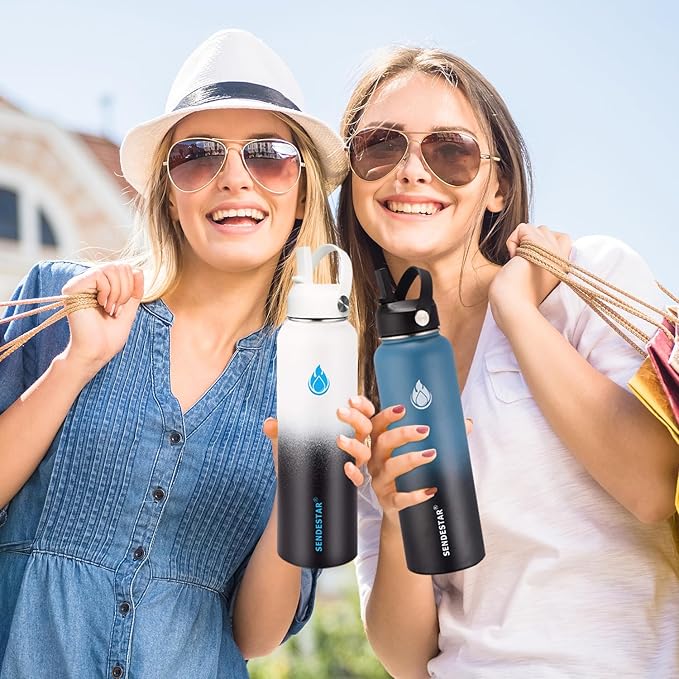 SENDESTAR Stainless Steel Wide Mouth Water Bottle 24oz Double Wall Vacuum Insulated Leak Proof Bottle with New Flex Straw Lid & Spout Lid XIN-PH-0750-1
