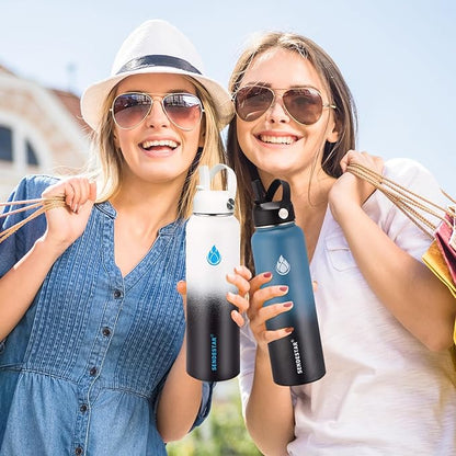 SENDESTAR Water Bottle 32oz Double Wall Vacuum Insulated Leak Proof Stainless Steel Sports Water Bottle—Wide Mouth with New Flex Straw Lid & Spout Lid (Day&Night)