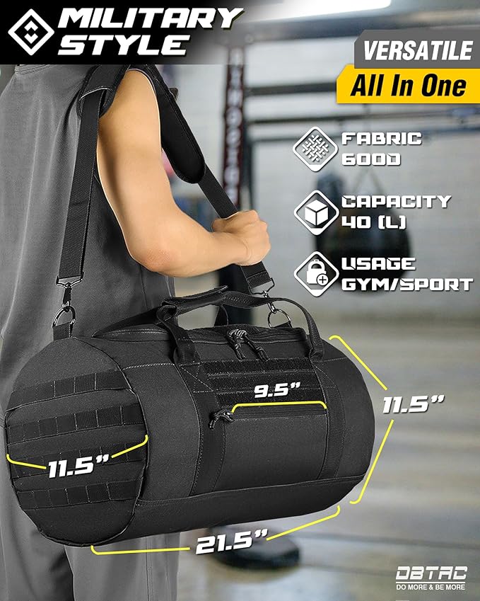 DBTAC 40L Tactical Gym Bag for Men | Military Heavy Duty Duffle Bag with Adjustable Strap for Gym Workout Fitness, Basketball Soccer Sport Training & Weekend Travel, Black
