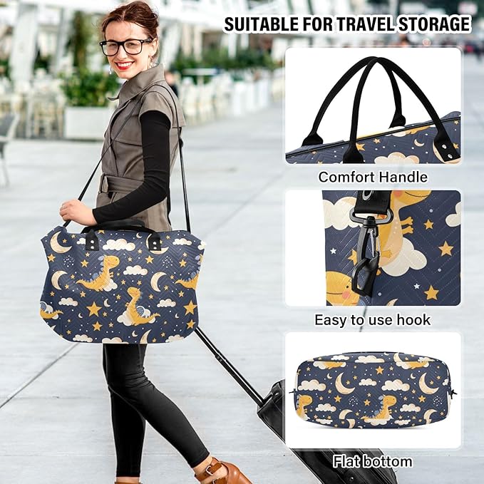 Weekender Bags Travel Duffel Gym Bag Dinosaur Stars Moon Carry on Overnight Tote Bag with Toiletry Bag for Airplane Travel Trip Gym Yoga