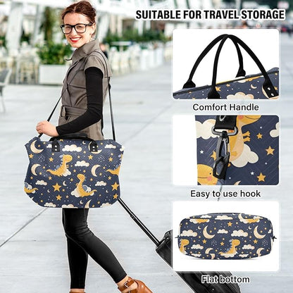 Weekender Bags Travel Duffel Gym Bag Dinosaur Stars Moon Carry on Overnight Tote Bag with Toiletry Bag for Airplane Travel Trip Gym Yoga