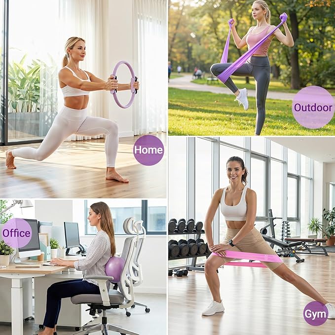 Rhino Valley Home Pilates Kit for Women, Pilates Equipment with 13'' Magic Circle, Mini Ball, 5 Resistance Bands, Bag & Guides, Beginner Home Workout Essentials Set for Full-Body Exercise