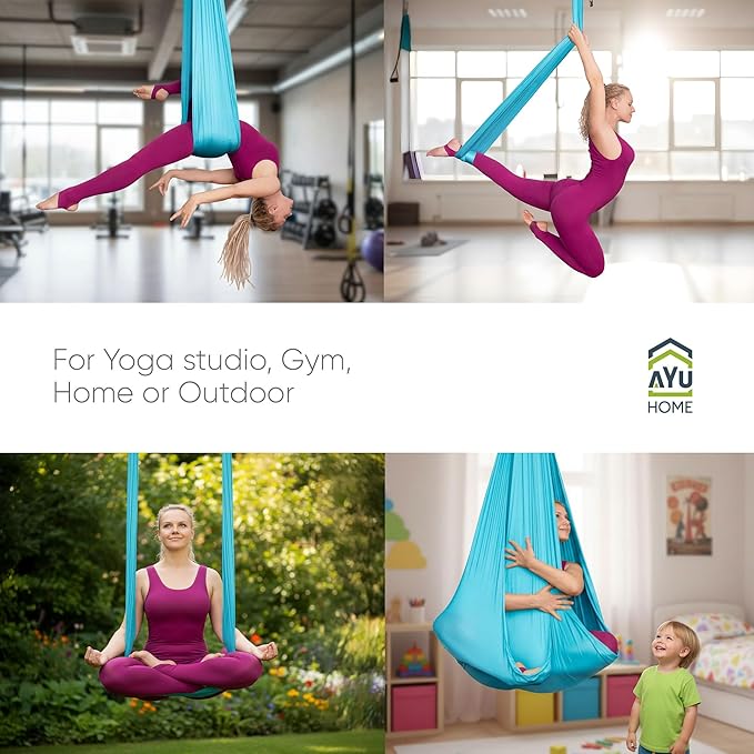 AyuHome Aerial Silks Kit for Home - Premium Yoga Swing for Kids and Adults with 660 lbs Capacity - Versatile Aerial Yoga Hammock for Gymnastics Training