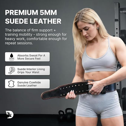 DMoose Fitness Weight Lifting Belt for Lower Back Support - 5mm Thick Genuine Leather Gym Belt for Squats, Deadlifts & Powerlifting - Double Prong Buckle with 10 Holes Adjustability for Men & Women