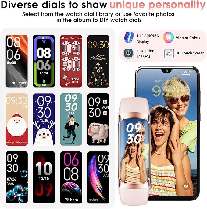 Fitness Tracker, 24/7 Heart Rate Blood Oxygen Blood Pressure Body Temp Monitor Sleep Calorie Tracker with 1.1" AMOLED Touch Color Screen Pedometer Smart Watch Waterproof for Women Men