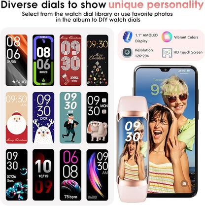 Fitness Tracker, 24/7 Heart Rate Blood Oxygen Blood Pressure Body Temp Monitor Sleep Calorie Tracker with 1.1" AMOLED Touch Color Screen Pedometer Smart Watch Waterproof for Women Men