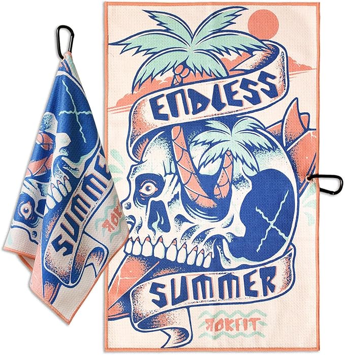RokFit Gym & Golf Towel – Multi-Use, Quick-Dry, Durable Utility Towel with Bold Graphic and Carabiner Clip (Endless Summer)