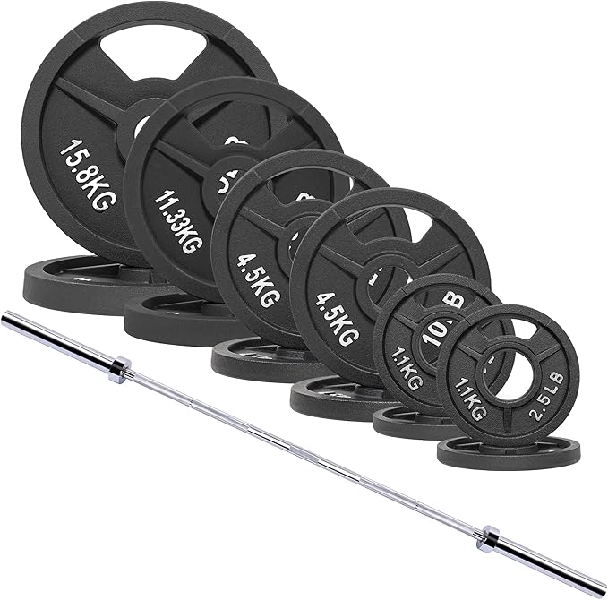 Signature Fitness 2-Inch Cast Iron Barbell Set, Including Multiple LBS Weight Plates and 6FT Barbell Set, Multiple