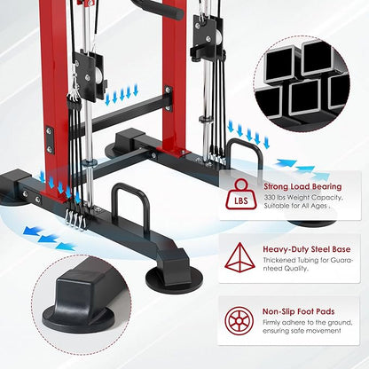 DlandHome Power Tower, Height Adjustable Pull Up Bar Dip Station with Assisted Pad, Multi-Function Home Gym Strength Training Fitness Equipment 330LBS, Red