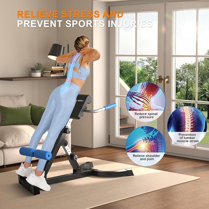 Foldable Back Extension Machine, Roman Chair, Adjustable Ab Back Extension Machine,Core Strength Trainer,Back Exercise Machine for Glute,Ab Workouts,Full All-in-One Body Workout&Home Gym Fitness（Blue）