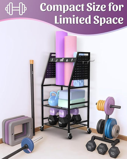 Mythinglogic Yoga Mat Storage Racks,Home Gym Storage Rack for Dumbbells Kettlebells Foam Roller, Yoga Strap and Resistance Bands, Workout Equipment Storage Organizer With Hooks and Wheels