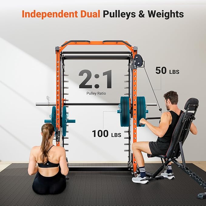 YOLEO Smith Machine & Squat Rack Combo, Multi-Functional Power Racks with Adjustable Width & Pull-Up Bar, Cable Crossover Power Cage, Independent Dual-Pulley System for Home Gym Garage Basement