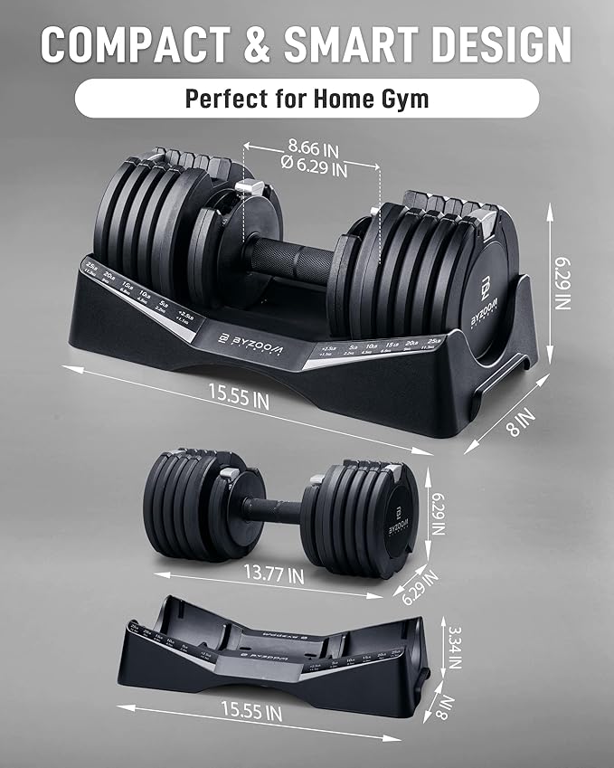 BYZOOM FITNESS Pure Series Adjustable Dumbbell - 12.5/25/27.5/75lb - ONE UNIT OR PAIR(check QTY before purchase) - 5-in-1/ 10-in-1 / 21-in-1 Flexible Hand Weights for Home Gym, Strength Training & Fitness Workouts, White OR Black