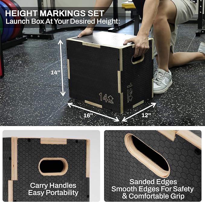 Signature Fitness 3 in 1 Non-Slip Wooden Plyo Box Jump Exercise Platform, Plyometric Workout Equipment for Home Gym, Training Step Box, Gray, Multiple Sizes