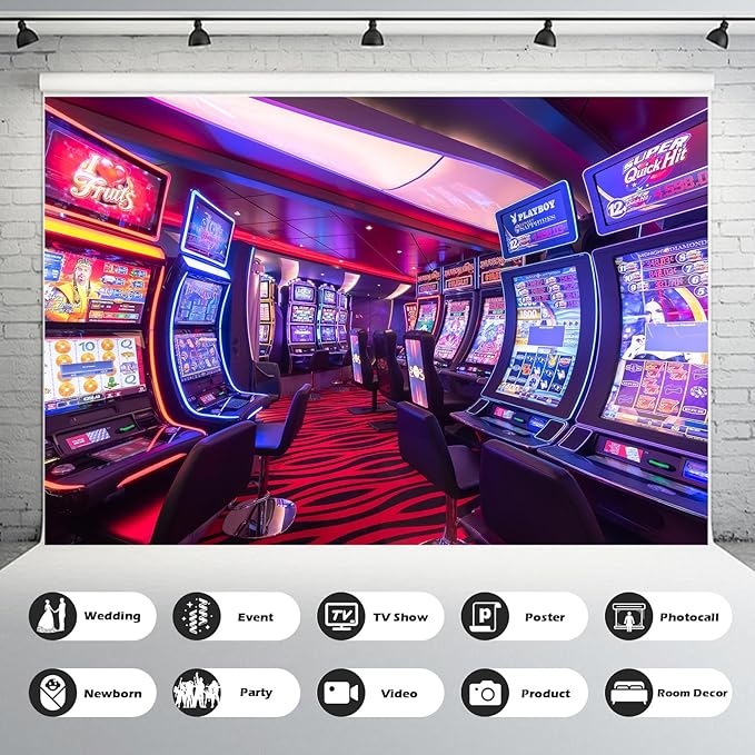 Gambling Slot Machines Backdrop Casino Game Hall Lucky Winner Game Room Gaming Photography Background Casino Themed Party Backdrop Decorations Birthday Shoot Adult Portrait Props 20x10ft
