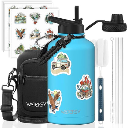 64oz Insulated Water Bottle (Cold for 48 Hrs),BPA Free&Leak Proof,Half Gallon Stainless Steel Water Flask,Water Jug with Straw Spout Lids for Gym,Hiking,Camping,Sky Blue