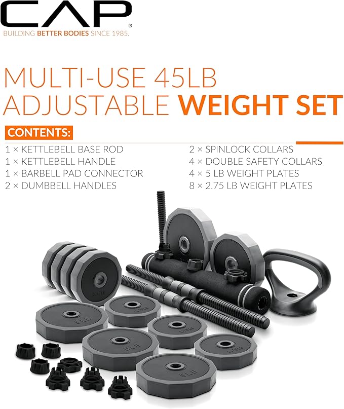 CAP Barbell Multi-Use Adjustable Weight Set - Versatile Dumbbell, Barbell & Kettlebell for Full-Body Workouts | 45lb and 66lb options