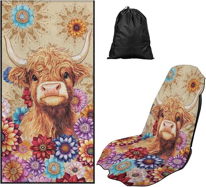 Bulopur Highland Cow Waterproof Sweat Towel Seat Cover Post-Work Running Athletic Beach Towel Machine Washable Lightweight Breathable Hippie Floral Car Interior Accessories
