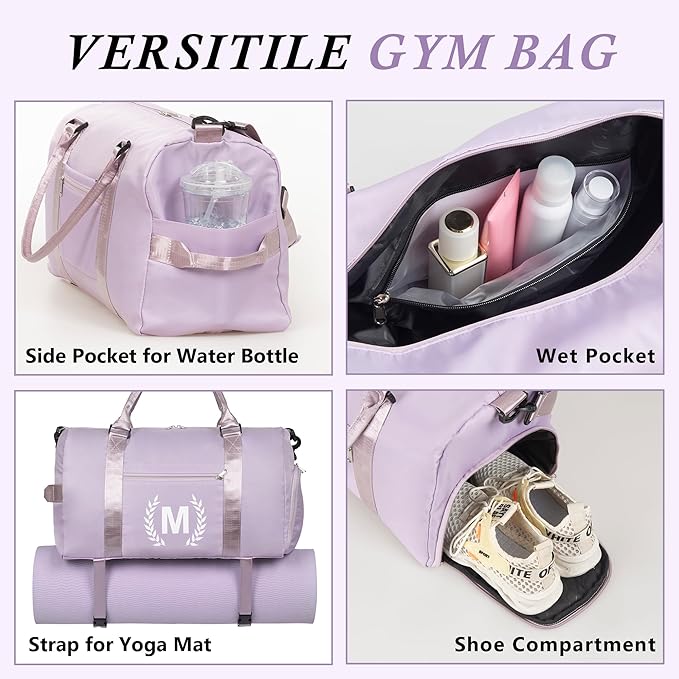 Gym Bag for Women, Personalized Duffle Bag with Shoe Compartment, for Yoga & Dance with Wet Pocket and Mat Strap.