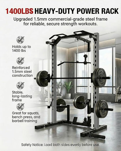 OPPSDECOR All in One Smith Machine, 1400LBS Multi-Functional Smith Machine Home Gym, Squat Rack with LAT-Pull Down System, Power Rack with Barbell Bar, Power Cage with Attachments Full Body Training
