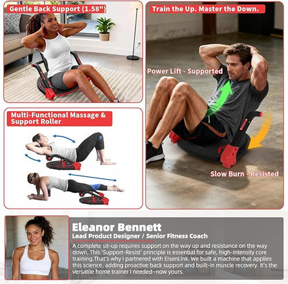 Eisenlink Sit Up Exercise Equipment with 4 Adjustable Resistance Levels, Flat Backrest Ab Crunch Machine for Stomach & Core Workout, Ab Machine, Ab Trainer, Sit Up Machine for Home Gym Men & Women