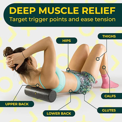 Deep Recovery Yoga Foam Roller for Physical Therapy & Exercise – Black Back Roller for Back Pain, Legs, and Shoulders, 12in x 4in Travel Size – Deep Tissue Massage for Myofascial Release