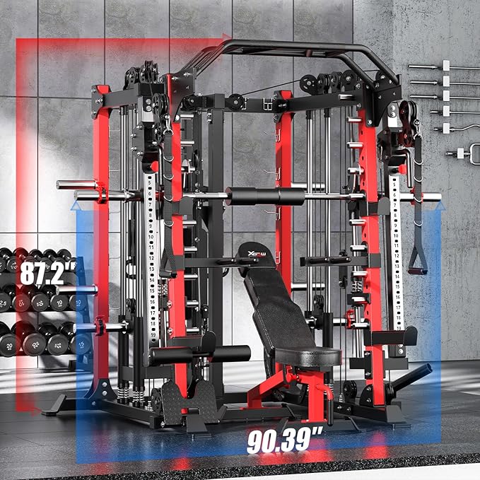 Smith Machine with Cable Crossover System, Multi-Function Squat Rack Power Cage for Home Gym, Power Rack and Packages Weight Sets