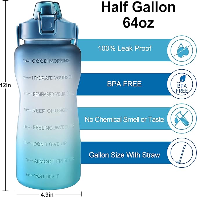 EYQ 64oz/128oz Leakproof Free Drinking Water Bottle with Motivational Time Marker BPA Free for Fitness, Gym and Outdoor Sports