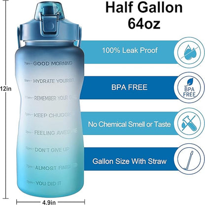 EYQ 64oz/128oz Leakproof Free Drinking Water Bottle with Motivational Time Marker BPA Free for Fitness, Gym and Outdoor Sports