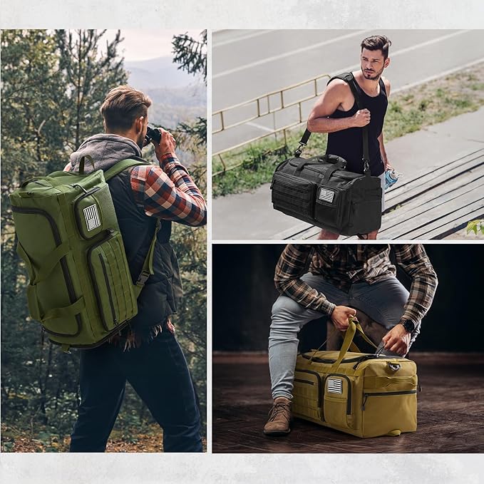 G4Free 3-in-1 Travel Duffle Bag for Men and Women, 50L Large Gym Sports Bags Tactical Military Duffle Backpack with Shoes Compartment and Wet Pocket (Khaki)