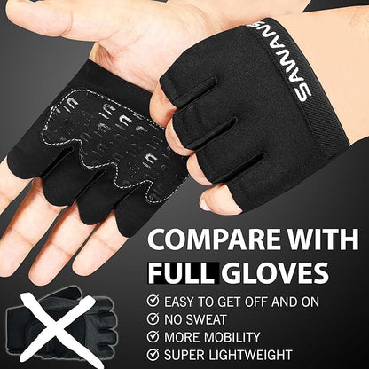SAWANS Nonslip Workout Gloves for Men & Women, Weightlifting, Gym, Exercise, Fitness, Black, Minimalist, Finger Protectors, Half Finger Glove, Ambidextrous, Adjustable