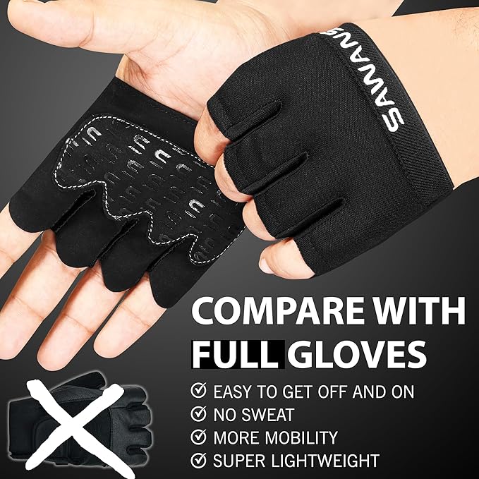 SAWANS Nonslip Workout Gloves for Men & Women, Weightlifting, Gym, Exercise, Fitness, Black, Minimalist, Finger Protectors, Half Finger Glove, Ambidextrous, Adjustable