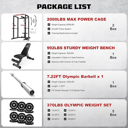 S11 Power Cage, 2000LB Multi-Function Power Rack with LAT Pulldown, Squat Rack with Adjustable Pulley System and Training Attachments, Weight Rack for Home Gym