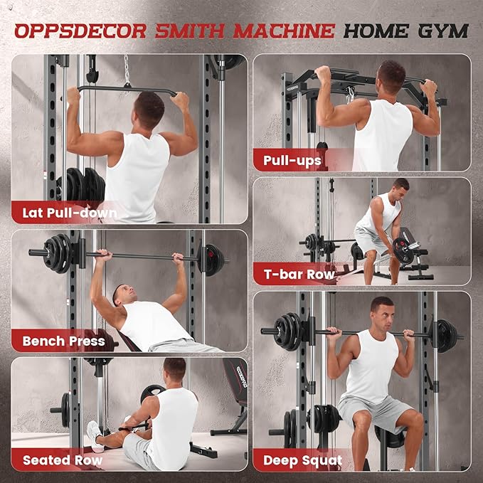 OPPSDECOR Smith Machine Power Rack for Home Gym - All-in-One Power Cage Squat Rack with LAT Pulldown, Cable Machine & Barbell Bar - Multi-Functional Strength Training Equipment