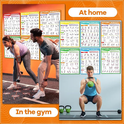 gisgfim 8PCS Workout Posters for Home Gym Dumbbells, Bodyweight, Stretching, Kettlebell Exercise Chart Full Body Fitness Workout Poster Set Muscle Engagement Chart Garage DecorGym Accessories