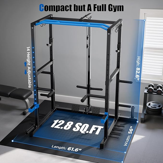 Sportsroyals Squat Rack, LAT Power Cage, Power Rack Multi-Function with Pulley System and Training Attachments for Home Gym