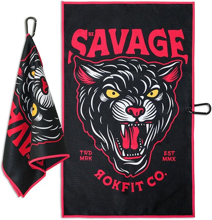 RokFit Gym & Golf Towel – Multi-Use, Quick-Dry, Durable Utility Towel with Bold Graphic and Carabiner Clip (Be Savage)