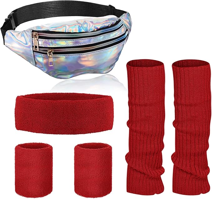 SATINIOR 80s Women Workout Outfit Neon Leg Warmer Headband Wristbands Fanny Pack Set 80s Accessories for Yoga Running