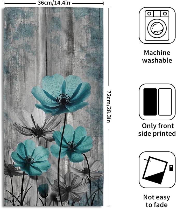 Teal Gray Floral Decorative Hand Towels for Bathroom Rustic Flower Wood Barn Vintage Kitchen Towels Set of 2 Turquoise Daisy Soft Absorbent Fingertip Dish Tea Towel for Home Yoga Gym Hotel