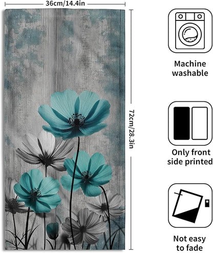 Teal Gray Floral Decorative Hand Towels for Bathroom Rustic Flower Wood Barn Vintage Kitchen Towels Set of 2 Turquoise Daisy Soft Absorbent Fingertip Dish Tea Towel for Home Yoga Gym Hotel