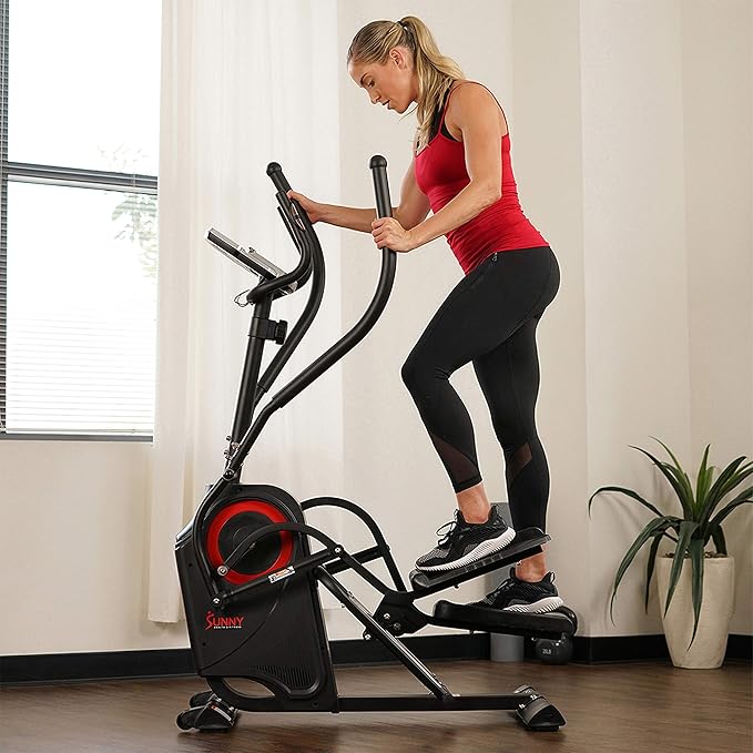 Sunny Health & Fitness Elliptical Exercise Machine, Silent Training, Long Stride Full Body Workout, Adjustable Resistance, Pulse Sensor, SunnyFit App via Bluetooth, Electric or Manual