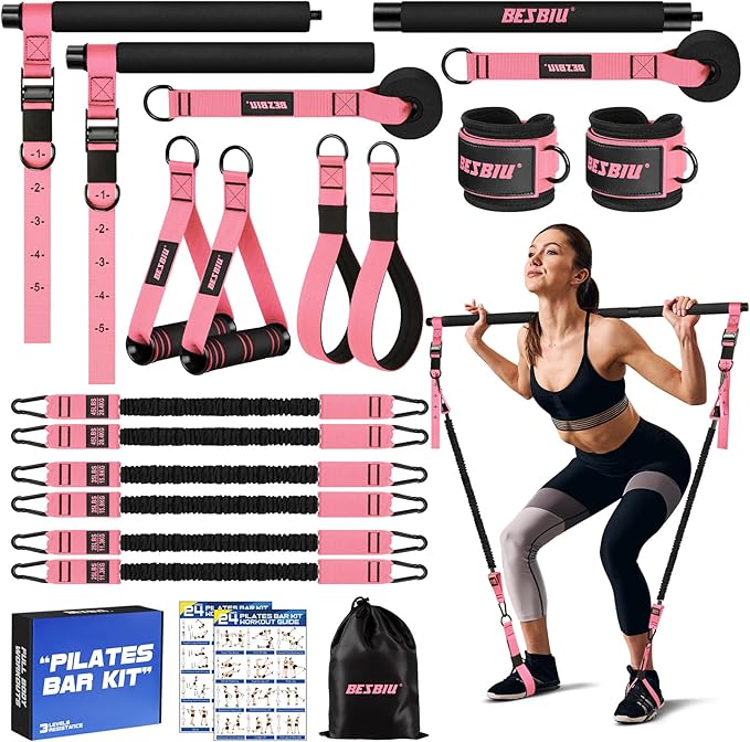 Pilates Bar Kit with Resistance Bands for Working Out, 210lbs Heavy Resistance Bands with Handles, Pilates Equipment with Resistance Band Bar for Men Women, At Home Gym Full Body Workout Equipment