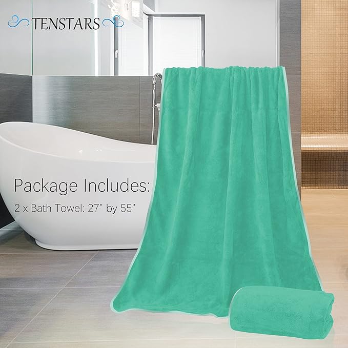 TENSTARS Silk Hemming Bath Towels for Bathroom Clearance - 27 x 55 inches - Light Thin Quick Drying - Soft Microfiber Absorbent Towel for Bath Fitness, Sports, Yoga, Travel, Gym - 2 Pack, Aqua Green
