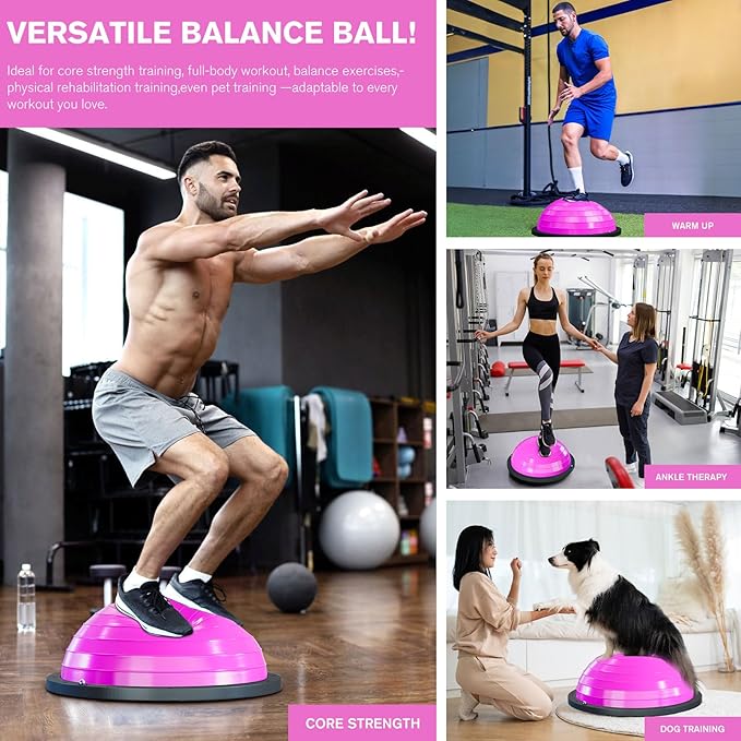 Half Balance Ball Trainer - 23 Inch Half Exercise Ball for Workout, Physical Therapy, Yoga, Home Gym, Core Strength, Stability, Fitness, Balance Training Equipment with Resistance Bands, Foot Pump