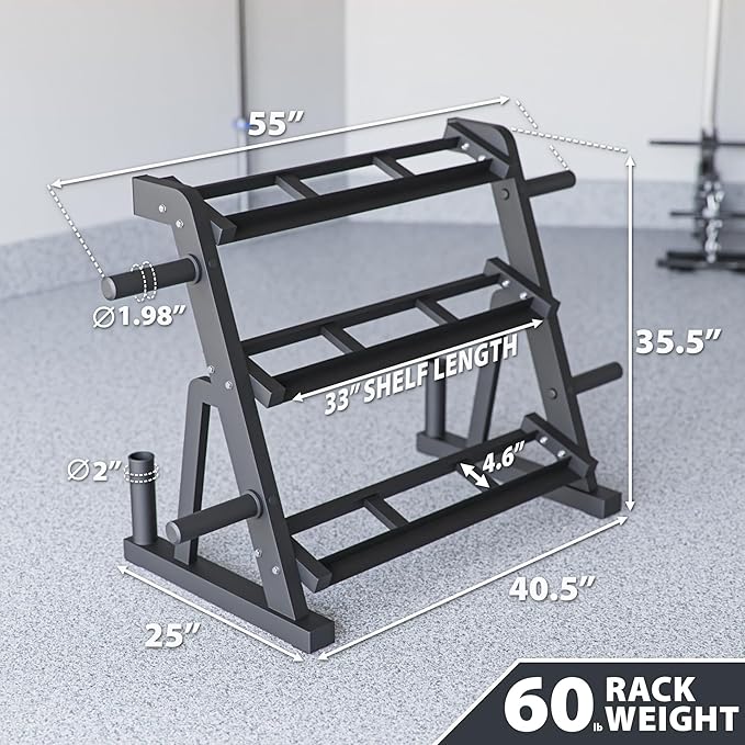 Synergee 3-Tier Dumbbell Storage Rack with 2 Barbell Holders and 4 Weight Plate Pegs, Featuring 2-Tier Dumbbell Storage and 3rd Tier for Kettlebell Storage – Accommodates 1" and 2" Plates – All-in-One