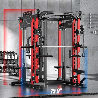 Smith Machine with Cable Crossover System, Multi-Function Power Cage Squat Rack for Home Gym, Power Rack and Packages Weight Sets.