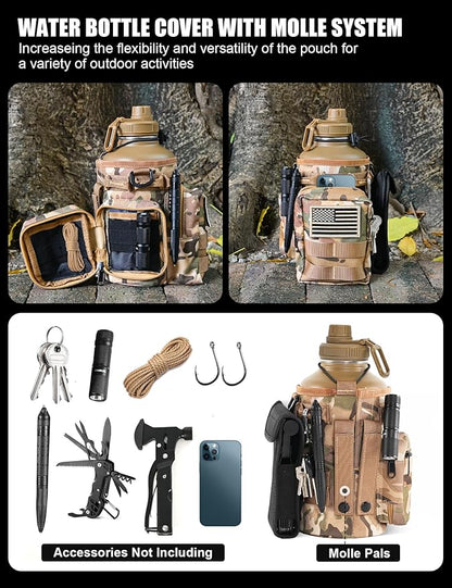 Tactical Half Gallon Water Bottle with Straw, 64 Oz Insulated Water Jug with Molle Water Bottle Holder, Stainless Steel Sport Bottle with 3 BPA Free Lids for Gym Workout Hiking (Brown)