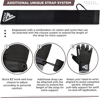 RDX Weight Lifting Gloves, Additional Stretchable Long Wrist Support, Full Palm Grip, Men Women Fitness HIIT Workout, Bodybuilding Powerlifting Strength Training Cycling Exercise Home Gym Equipment
