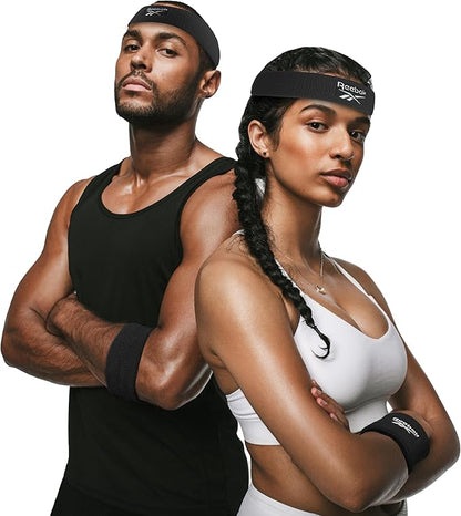 3pc Unisex Athletic Sweatband Set - 2.25in Workout Headband & 3.25in Wristbands w/Stay Dry Technology, Terry Cloth Band Moisture-Wicking Fabric | Quality Fitness Accessories for Active Comfort-Reebok