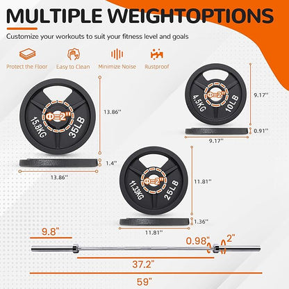 Signature Fitness 2-Inch Cast Iron Barbell Set, Including Multiple LBS Weight Plates and 6FT Barbell Set, Multiple